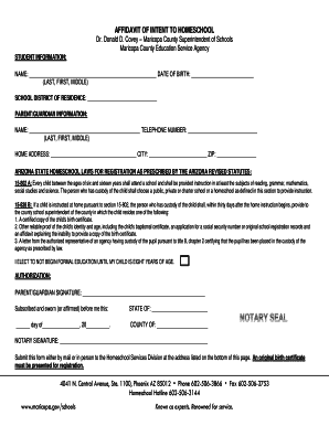 Arizona Homeschool Affidavit  Form