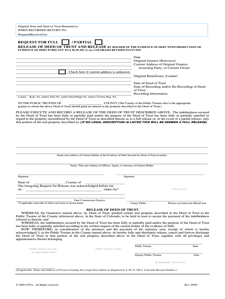  Release of Deed of Trust Form 2009-2024