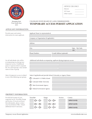 Temporary Access Permit Application Colorado State Land Board Trustlands State Co  Form