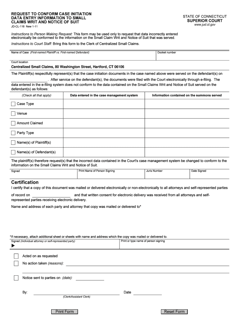 REQUEST to CONFORM CASE INITIATION DATA ENTRY INFORMATION to SMALL CLAIMS WRIT and NOTICE of SUIT Form NST3 Jud Ct