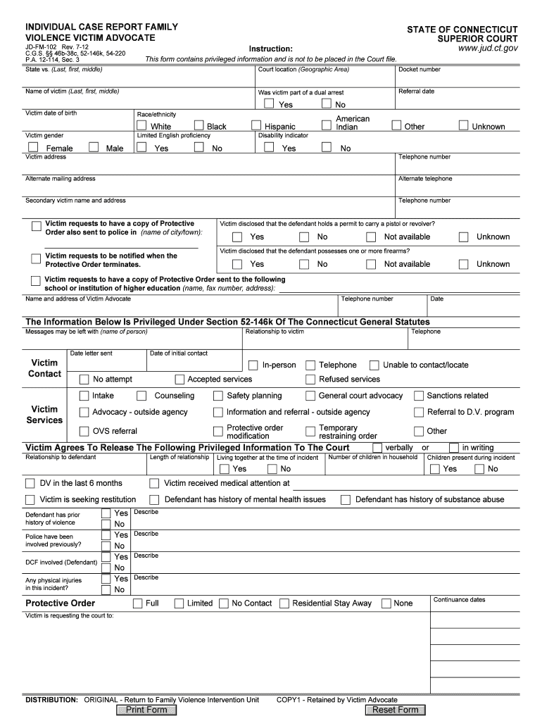  Individual Case Report Family Violence Victim Advocate CT Gov Jud Ct 2012