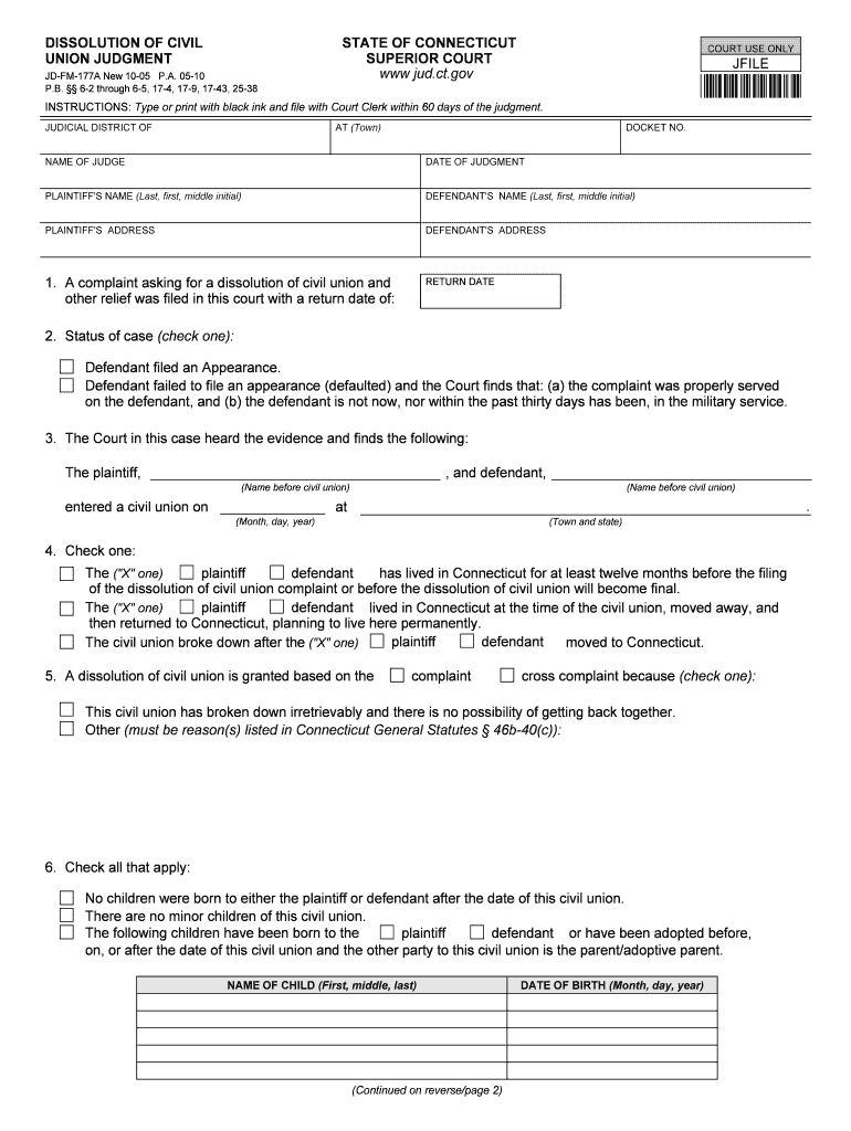  Dissolution of Civil Union Judgment  Connecticut Judicial Branch  Jud Ct 2005