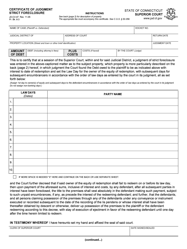 Judgment File for Strict Foreclosure  Form