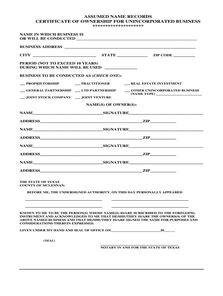 Certificate of Assumed Name City of Denton  Form