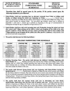 Standard Holiday Visitation Schedule  Form