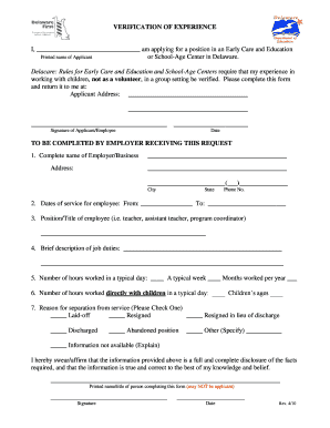  Delaware Department of Education Verification of Experience Form 2010