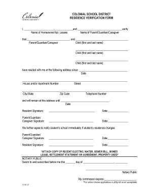  COLONIAL SCHOOL DISTRICT RESIDENCE VERIFICATION FORM Colonial K12 De 2012