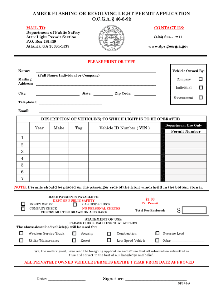 Get and Sign Georgia Amber Light Permit Application  Form