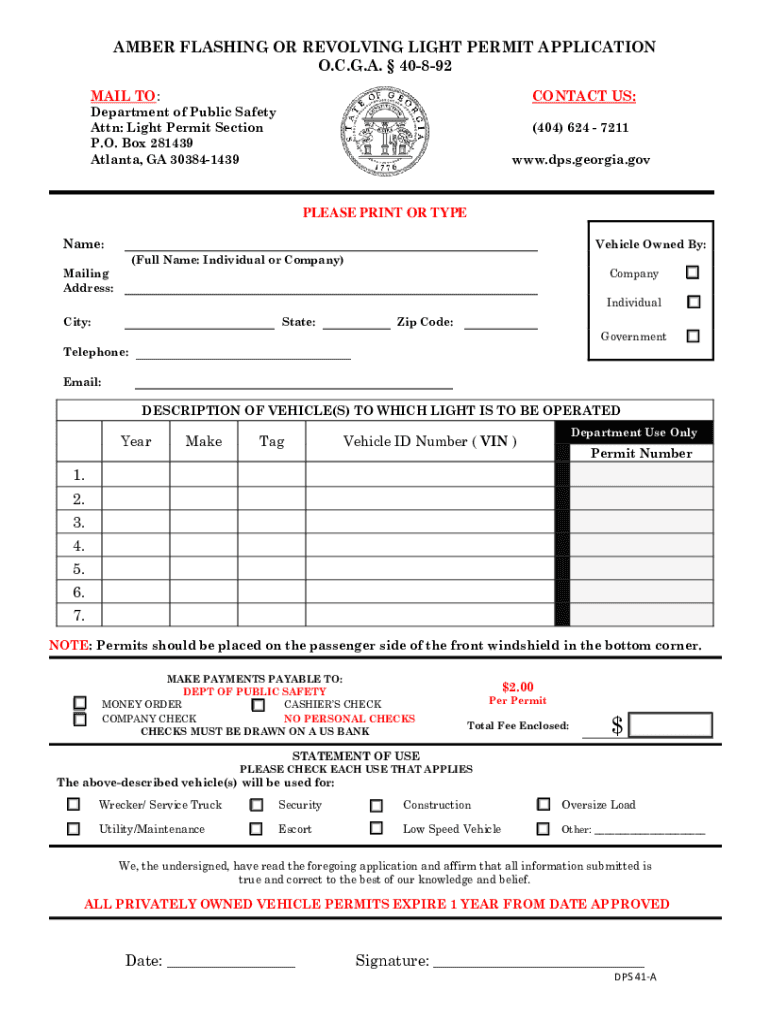 Georgia Amber Light Permit Application  Form