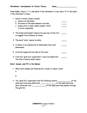 Development of Atomic Theory Worksheet PDF Answer Key  Form