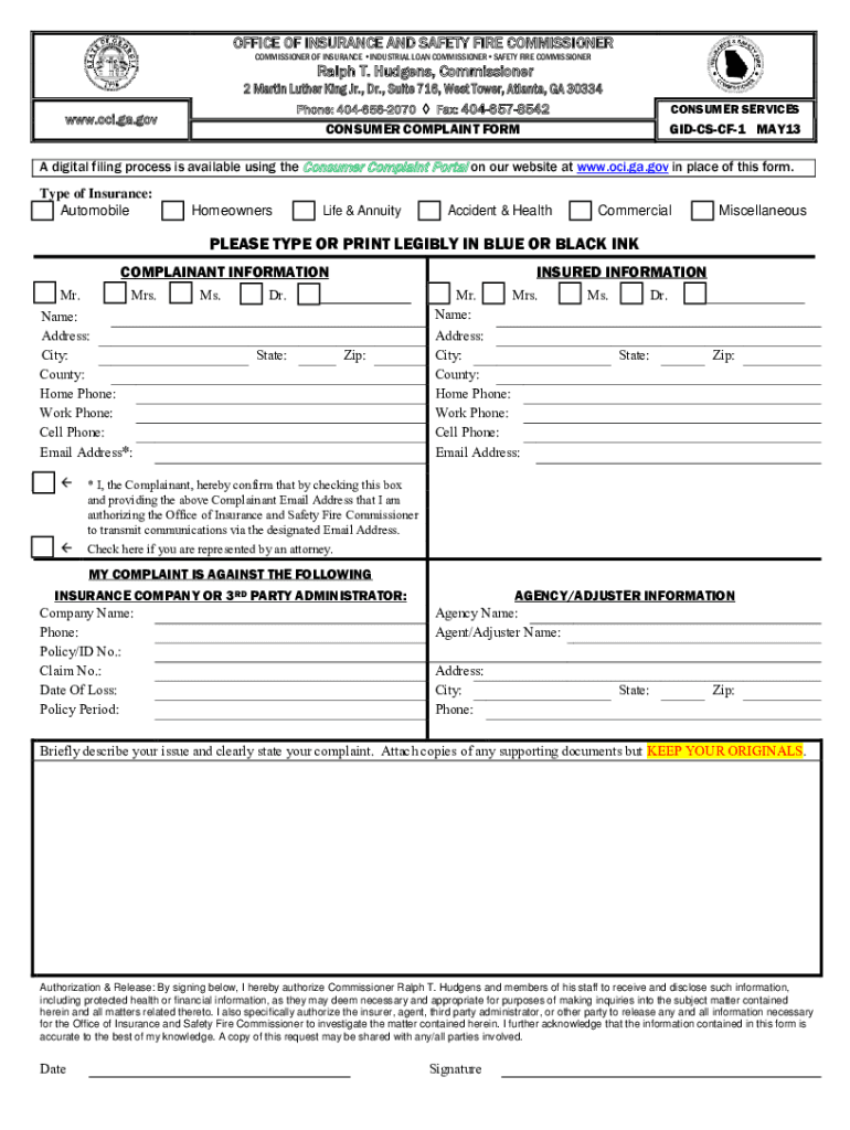 Georgia Insurance Commissioner Complaint Portal  Form