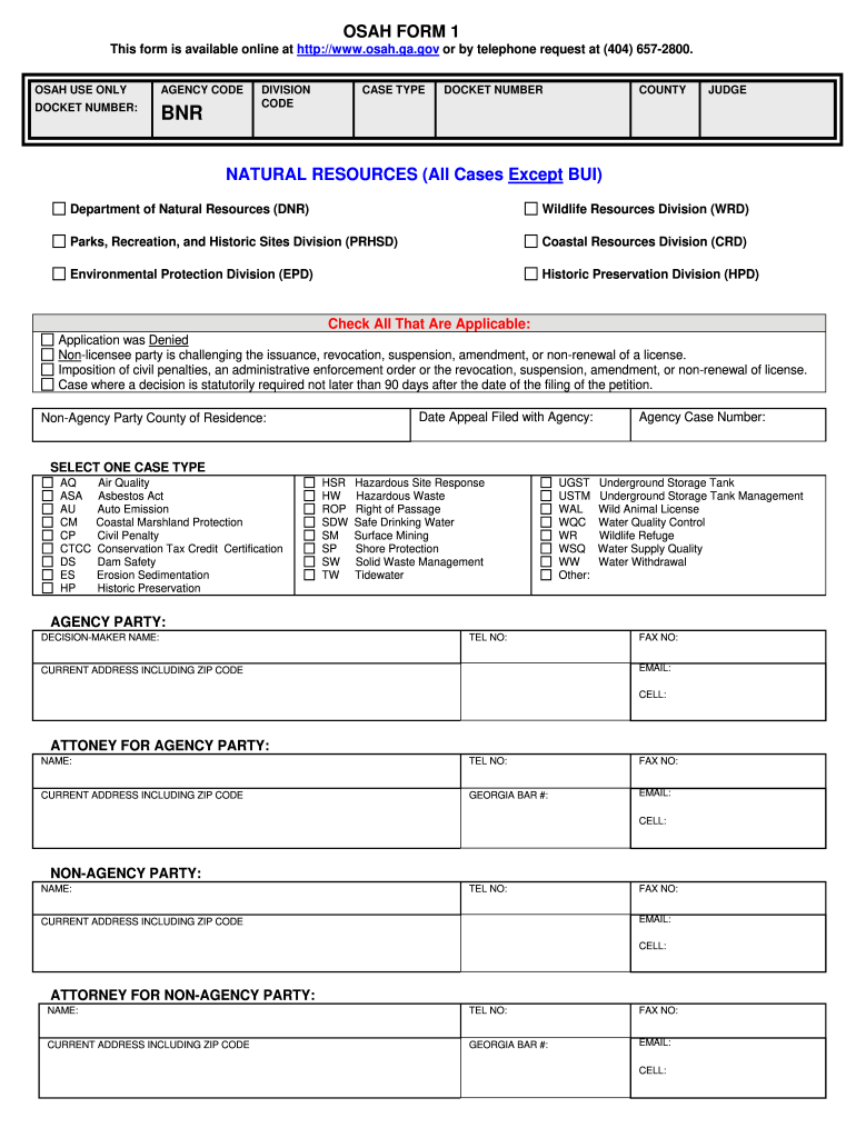 OSAH FORM 1 NATURAL RESOURCES All Cases Except BUI  Osah Ga