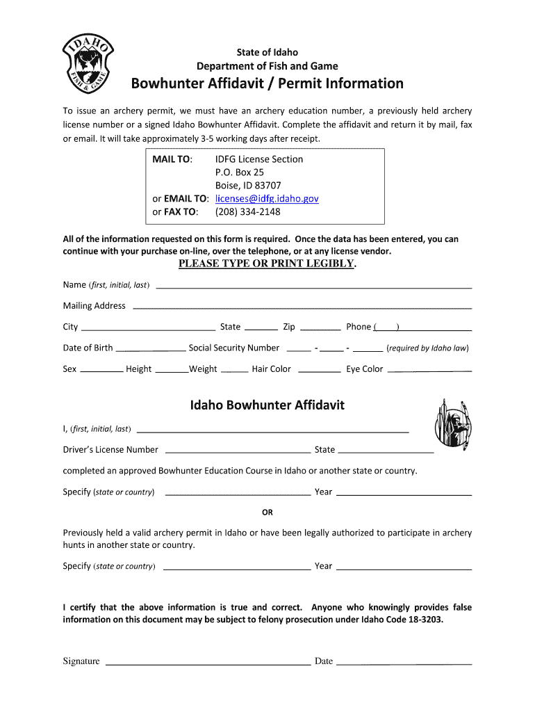 Idaho Bowhunter Affidavit  Form