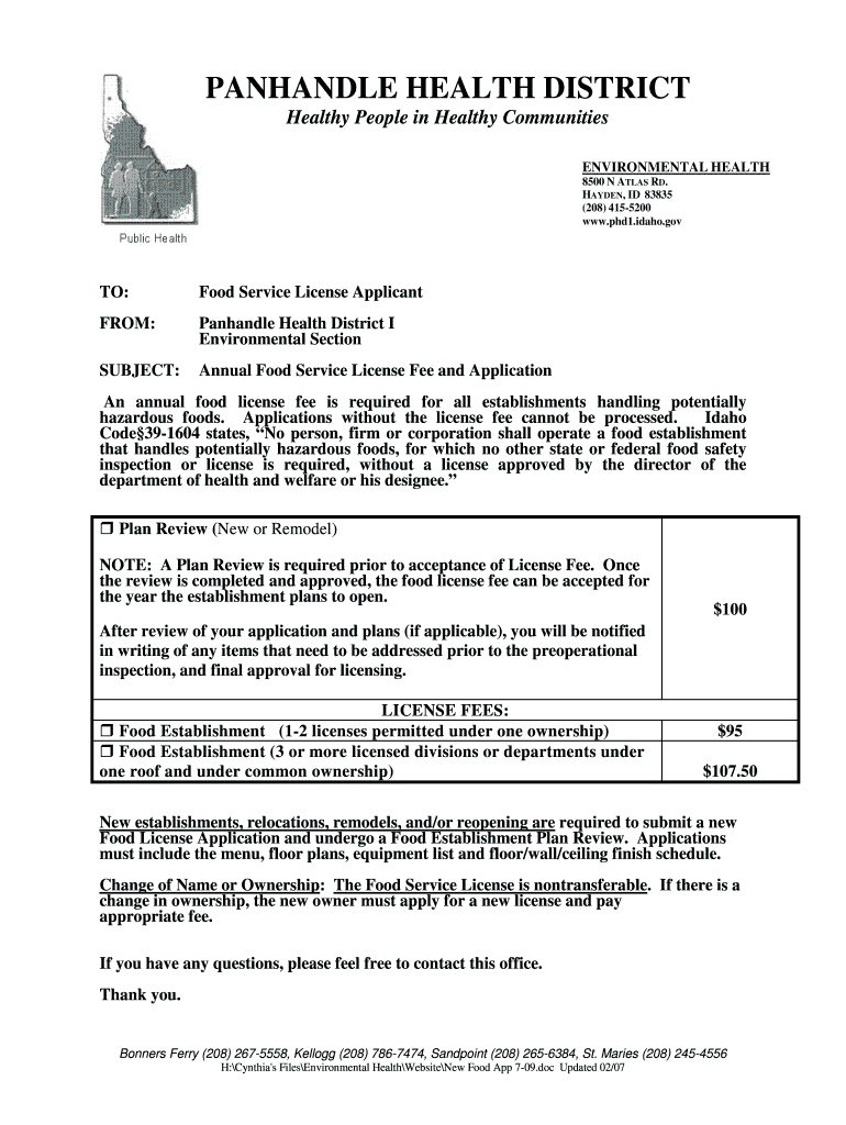  Panhandle Health District Food Service License Applicant 2009-2024