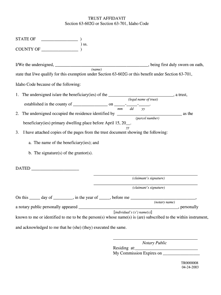 Affadavit Regarding Resident of Trust  Form