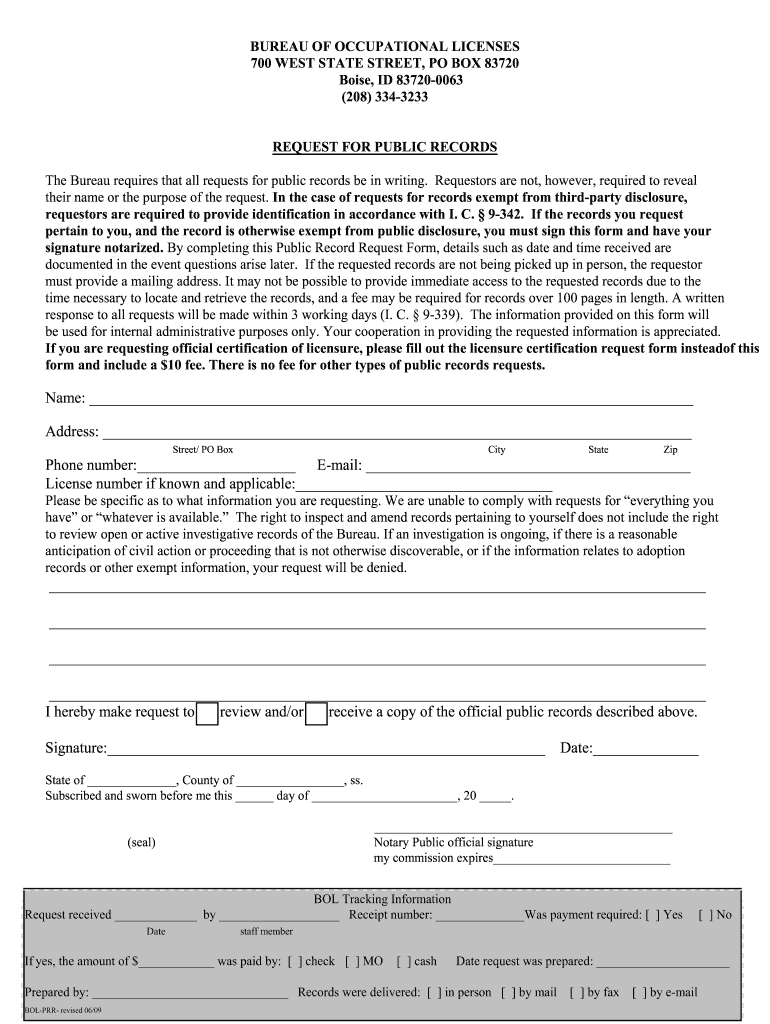 Request to Examinecopy Public Records IBOL Idaho Bureau of Secure Ibol Idaho  Form