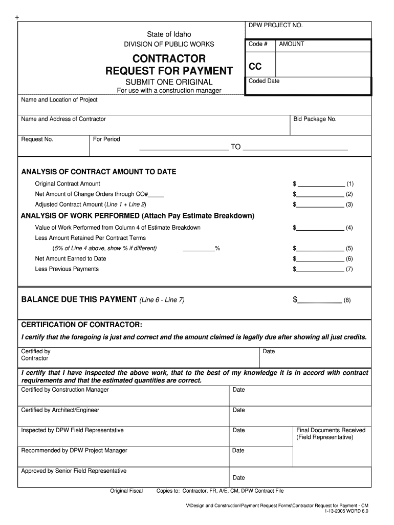 Contractor Request for Payment  for Use with a Construction Manager  Public Works  Administration  State of Idaho  Form