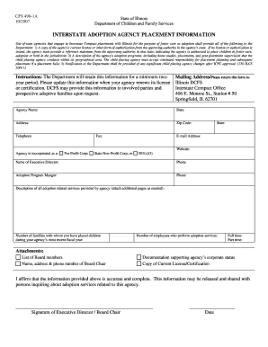 CFS 490 1A Interstate Adoption Agency Placement State of Illinois State Il  Form