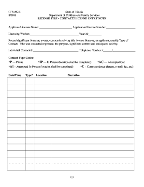 CFS 492 L Contact License Entry Note State of Illinois State Il  Form