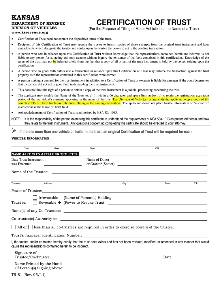  Certification of Trust TR 81 Kansas Department of Revenue Ksrevenue 2011