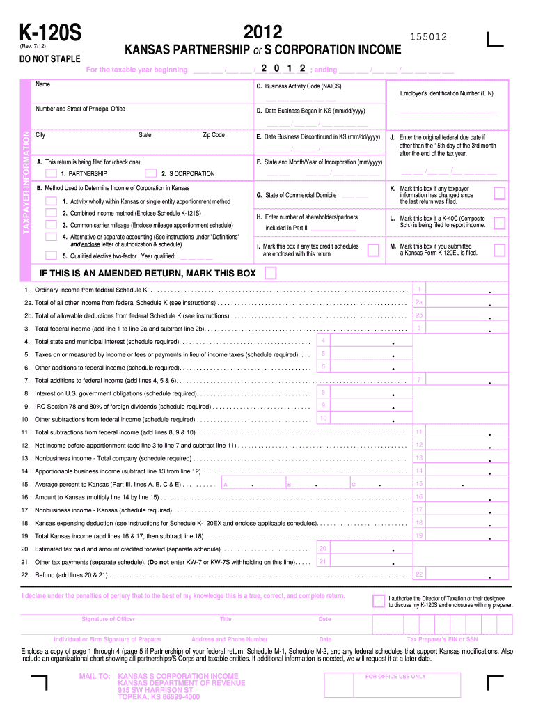  K 120S Kansas Department of Revenue Ksrevenue 2020