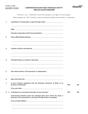 Corporation and Pass through Entity Nexus Questionnaire Kentucky Revenue Ky  Form