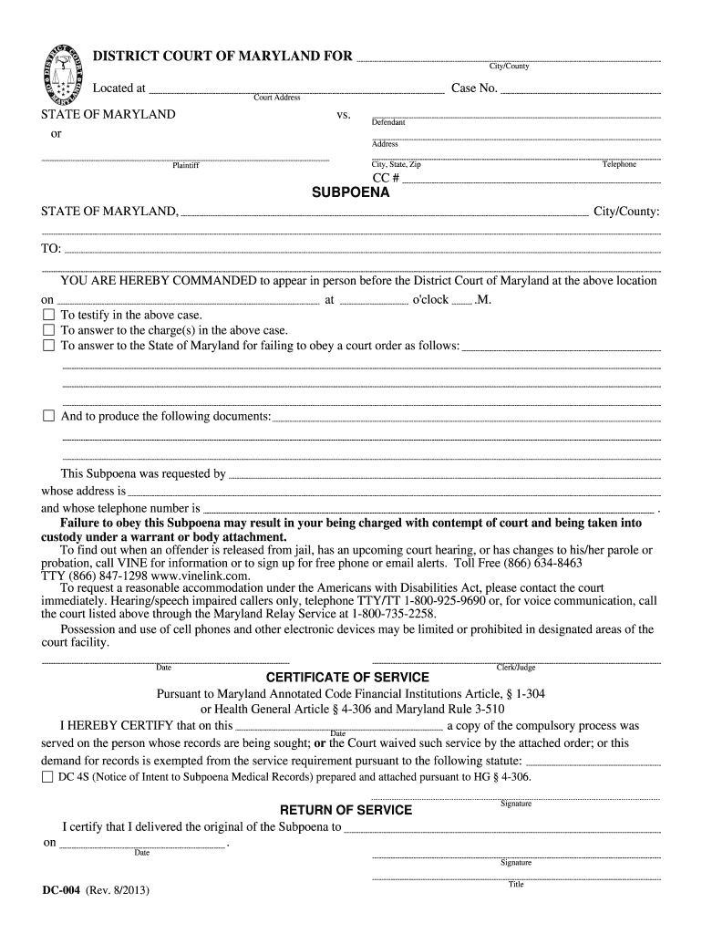  Maryland Subpoena Form 2015