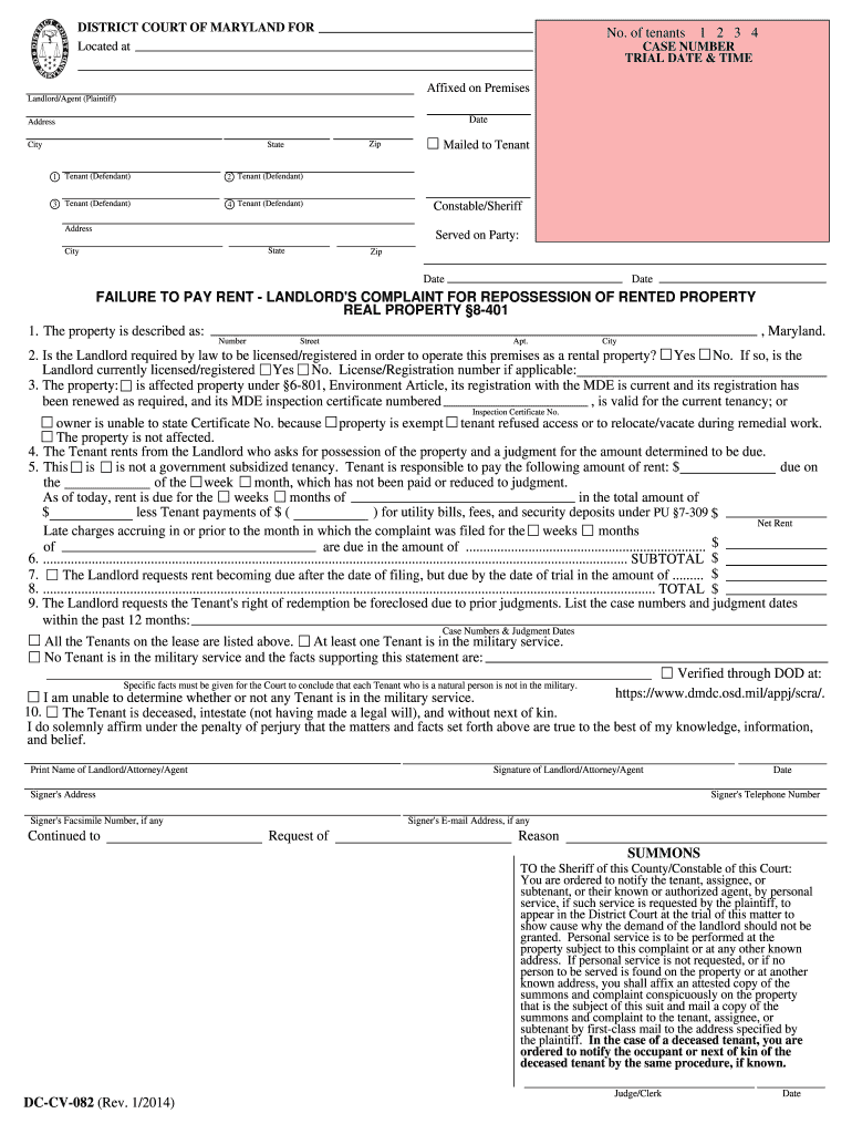 Maryland Failure to Pay Rent Form