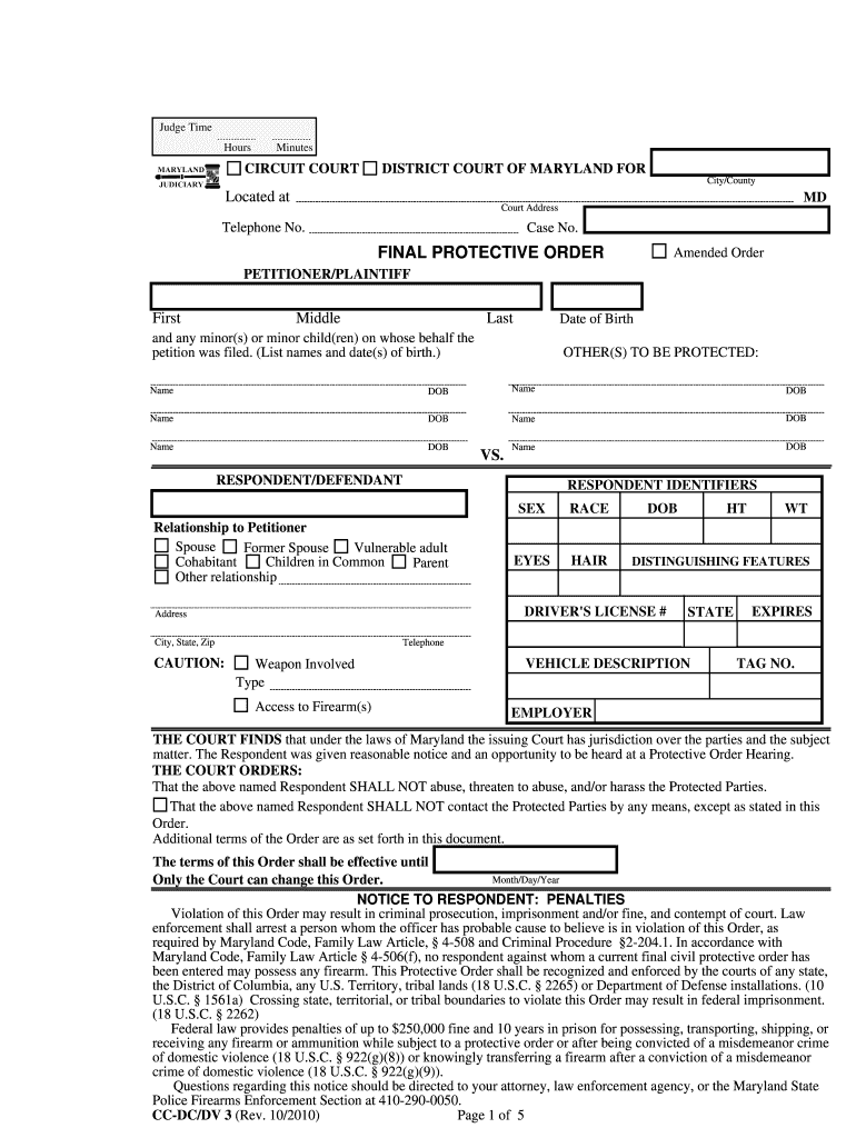 FINAL PROTECTIVE ORDER  Maryland State Court System  Courts State Md  Form