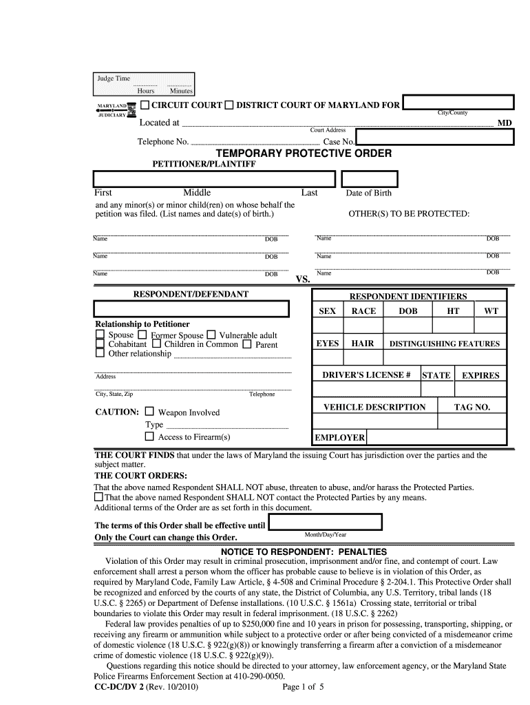 TEMPORARY PROTECTIVE ORDER Maryland State Court System Courts State Md  Form