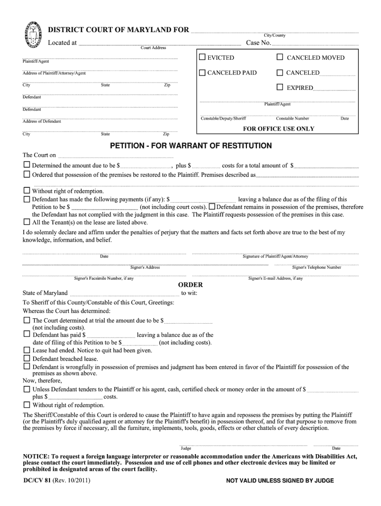  Warrant of Restitution Look Like  Form 2011