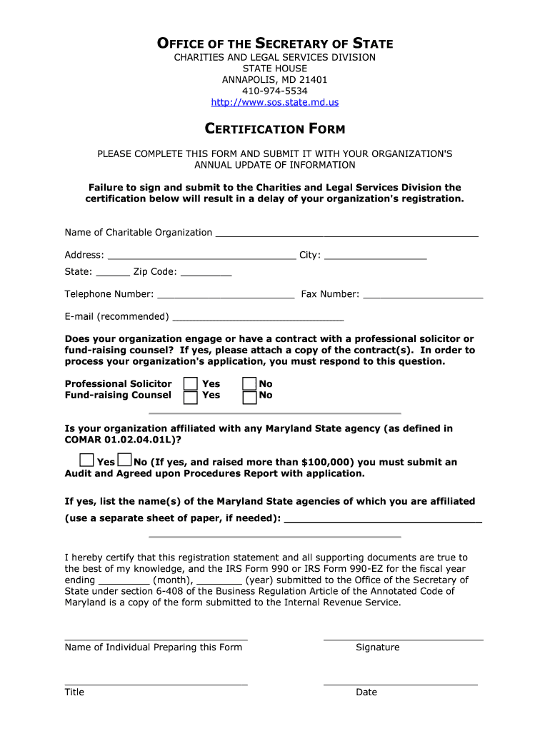 Certification Form  Office of the Maryland Secretary of State  Sos State Md
