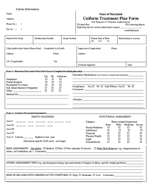 Uniform Treatment Plan Form Maryland Insurance Administration Mdinsurance State Md