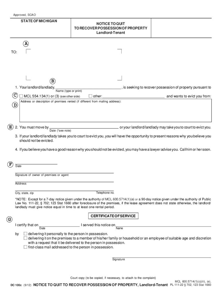 Notice to Quit to Recover Possession of Property  Form