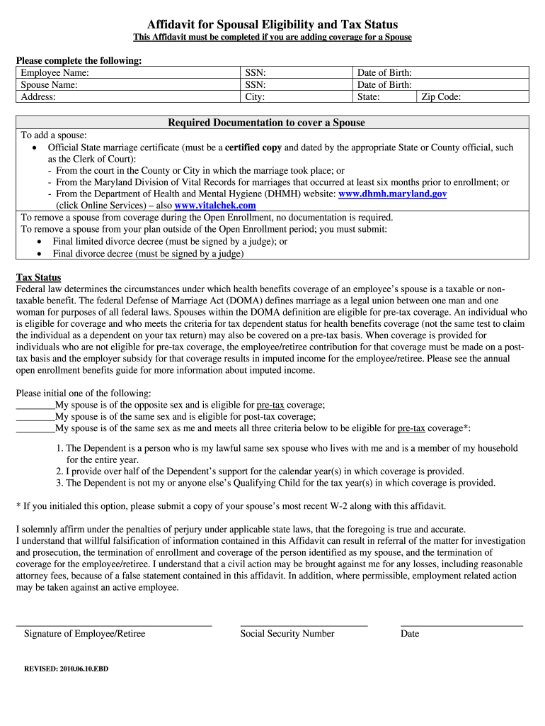 Get and Sign Maryland Affidavit for Dependent Eligibility Form 2010-2022