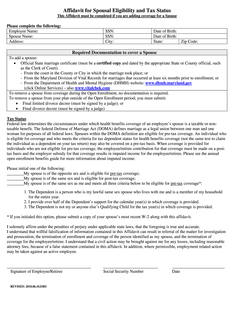  Maryland Affidavit for Dependent Eligibility Form 2010-2024