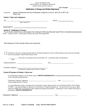 Form 37 Written Reprimand DGS Maryland Capitol Police Mcp Maryland