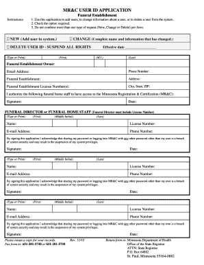 MR&amp;C USER ID APPLICATION Minnesota Department of Health Health State Mn  Form