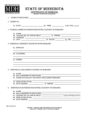 Certificate of Removal  Form