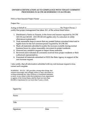 Owner&#039;s Certification as to Compliance with Tenant Comment  Form