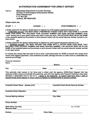 Authorization Agreement for Direct Deposit Mississippi Department Mdhs State Ms  Form