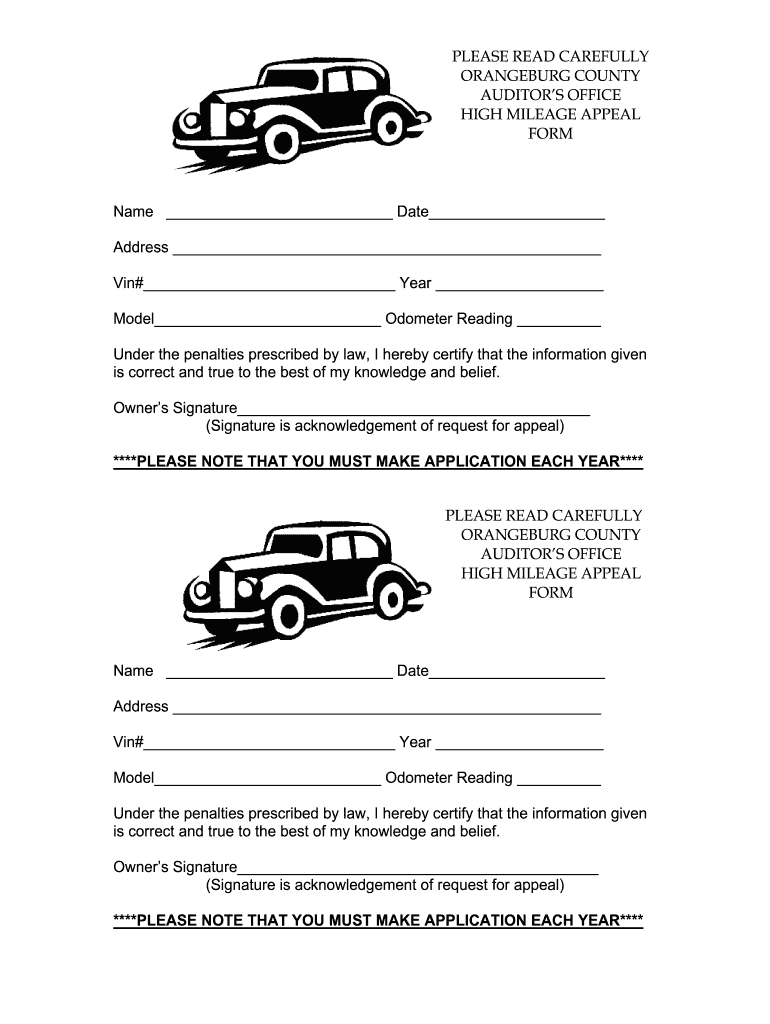 Orangeburg County High Milage Appeal  Form