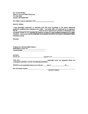 Affidavit Form Letter for Driller&amp;#39;s Restricted License Deq State Ms