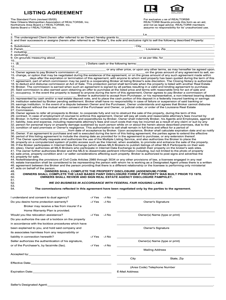  Listing Agreement Standard Form New Orleans Undersigned Client 2005