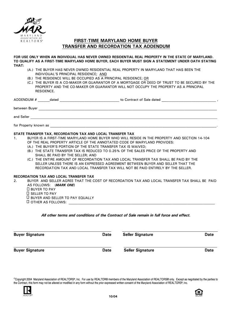Maryland First Time Home Buyer Addendum  Form