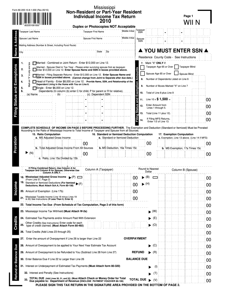 0510 Mississippi Non Resident or Part Year Resident Individual Income Tax Return Page 1 802051081000 Duplex or Photocopie  Form