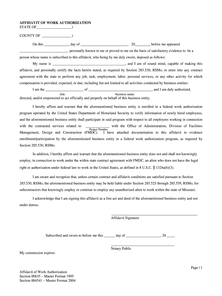 Affidavit of Work Authorization Office of Administration Oa Mo  Form