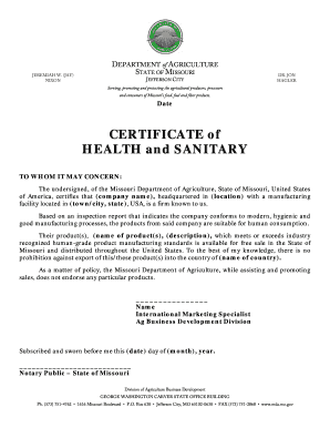 Sanitary Certificate from Health Department  Form