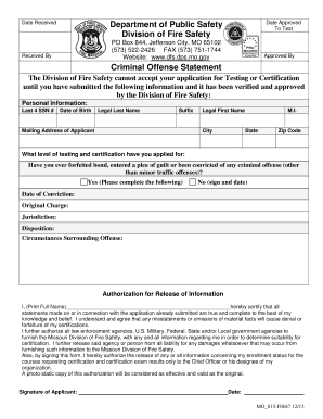 Criminal Offense Statement Missouri Division of Fire Safety Dfs Dps Mo  Form