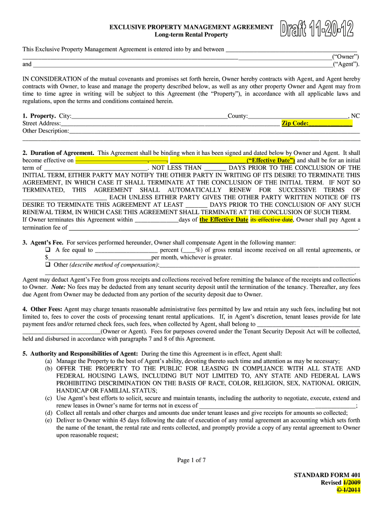  Nc Exclusive Property Management Agreement Form 2009